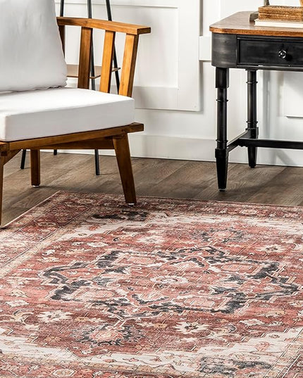 nuLOOM Emmy Faded Persian Machine Washable Ultra Thin Area Rug, 5' x 8', Red - LeafyLoom