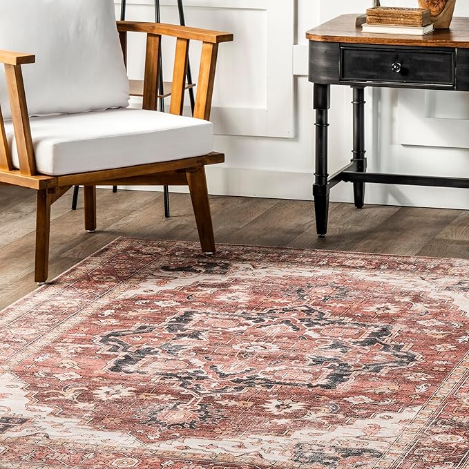 nuLOOM Emmy Faded Persian Machine Washable Ultra Thin Area Rug, 5' x 8', Red - LeafyLoom