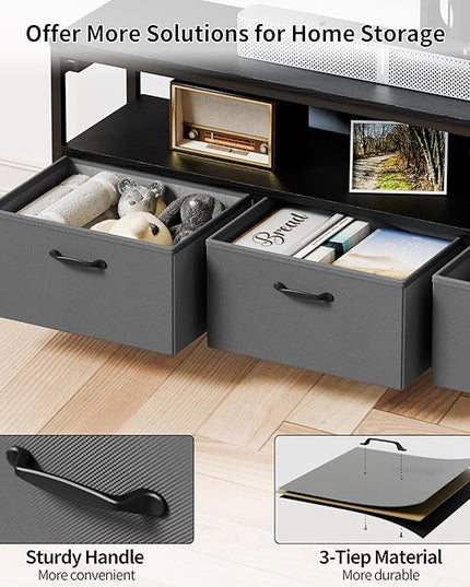 JUSTOGO TV Stand with Mount and Power Outlet, TV Stand Mount with Storage for Living Room, Entertainment Center with LED Lights for 45/55/60/65 inch TVs, Height Adjustable Media Console, Black - LeafyLoom