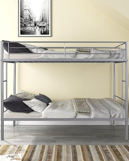 Metal Twin over Twin Bunk Bed,Heavy-duty Sturdy Metal-bed,Noise Reduced Design, 2 Side Ladders, Safety Guardrail,CPC Certified,No Box Spring Needed,Bedroom Furniture,Silver - LeafyLoom