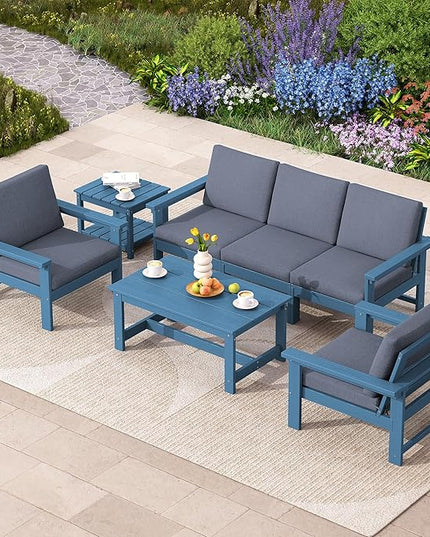 SERWALL HDPE Patio Coversation Set, 7-piece Outdoor Sectional Sofa Set, All Weather Patio Couch Set Patio Furniture for Balcony, Deck, Navy Frame with Grey Cushion - LeafyLoom