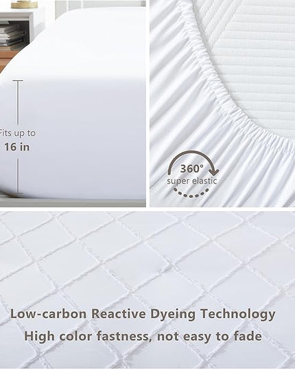 White Comforter Set with Jacquard Tufted Design, Farmhouse Bedding Sets for All Seasons, Soft 7 Pieces King Bed in a Bag with Comforter, Flat Sheet, Fitted Sheet, Pillowcases & Shams - LeafyLoom