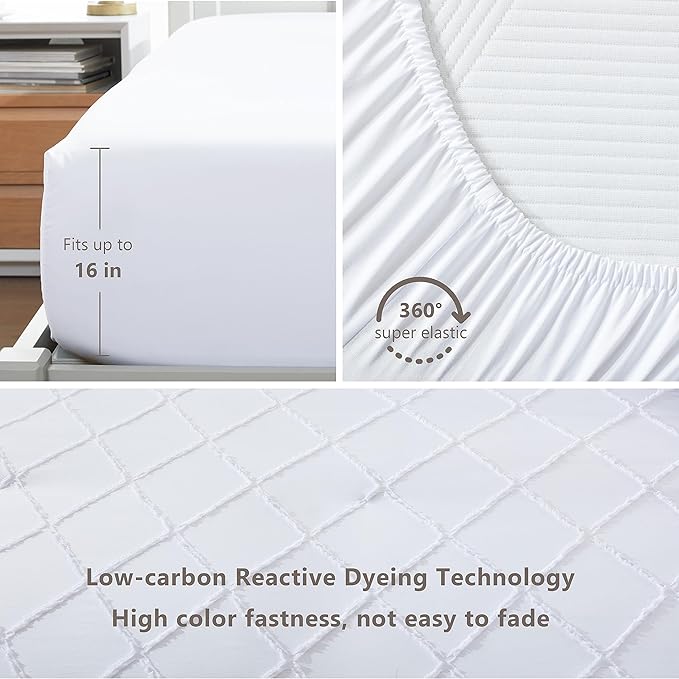 White Comforter Set with Jacquard Tufted Design, Farmhouse Bedding Sets for All Seasons, Soft 7 Pieces King Bed in a Bag with Comforter, Flat Sheet, Fitted Sheet, Pillowcases & Shams - LeafyLoom