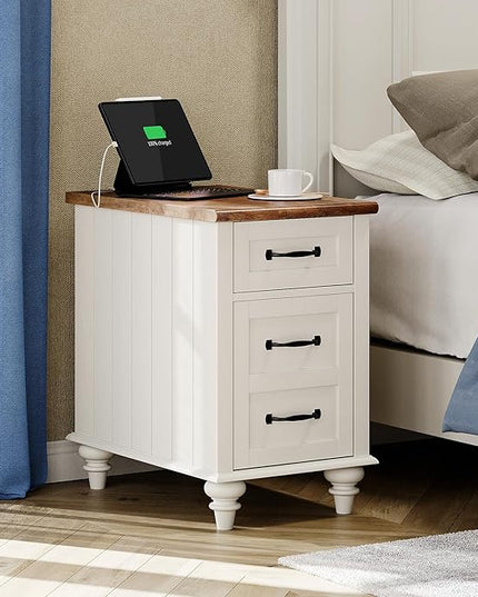 WAMPAT 2 Pack White End Table with Charging Station, Wood Side Sofa Table with Drawer and Storage Cabinet, Modern Nightstand with Power Outlets & USB Ports for Living Room, Bedroom - LeafyLoom