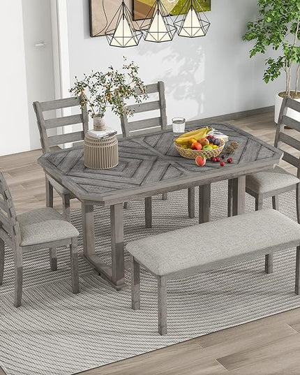 Dining Table Set for 6, 6-Piece Rubber Wood Dining Table Set with Beautiful Wood Grain Pattern Tabletop and Soft Cushion, Dining Room Table Set for Living Room, Kitchen, Antique Grey - LeafyLoom