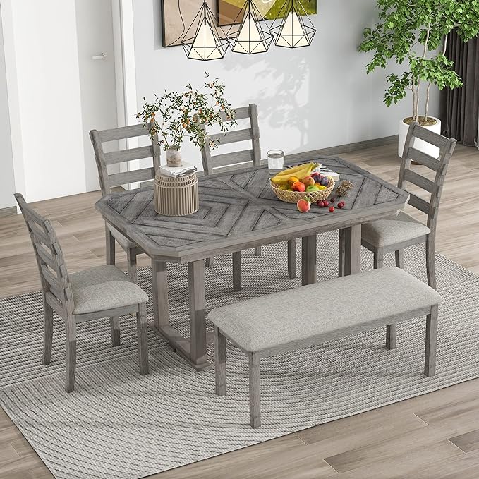 Dining Table Set for 6, 6-Piece Rubber Wood Dining Table Set with Beautiful Wood Grain Pattern Tabletop and Soft Cushion, Dining Room Table Set for Living Room, Kitchen, Antique Grey - LeafyLoom