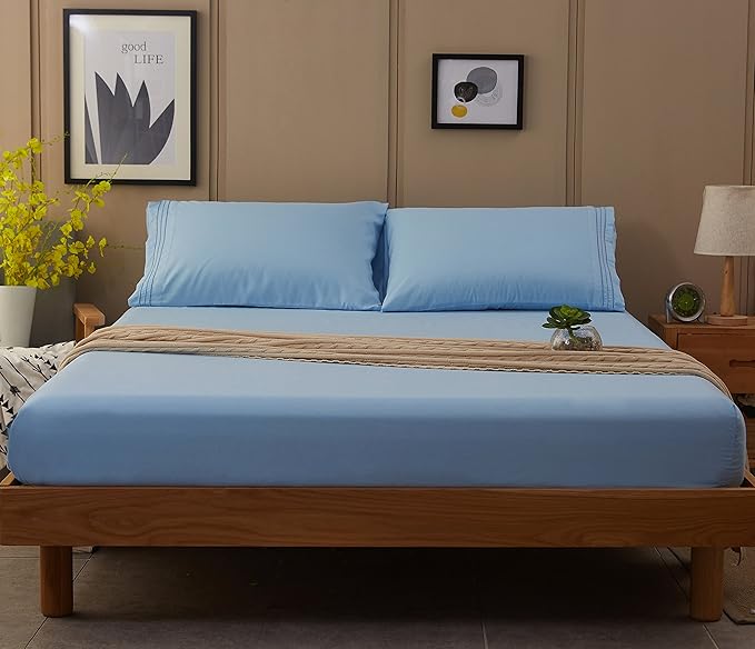 SONORO KATE Bed Sheet Set Super Soft Microfiber 1800 Thread Count Luxury Egyptian Sheets 16-Inch Deep Pocket Wrinkle-4 Piece(Queen Lake Blue) - LeafyLoom