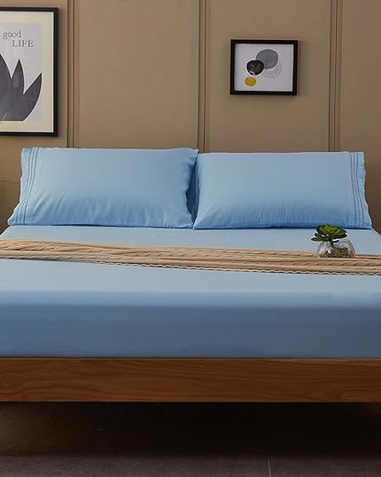 SONORO KATE Bed Sheet Set Super Soft Microfiber 1800 Thread Count Luxury Egyptian Sheets 18-Inch Deep Pocket Wrinkle-4 Piece(California King Lake Blue) - LeafyLoom