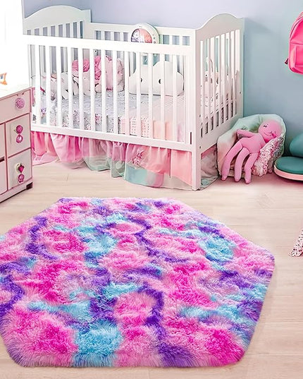 junovo Ultra Soft Hexagon Rug Fluffy Rainbow Nursery Rug for Princess Tent Kids Play Castle, Furry Hexagonal Carpet for Kids Girls Room Playhouse Classroom Dorm Home Decor, 4.6ft Tie-Dye Hot-Pink - LeafyLoom
