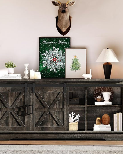 YITAHOME TV Stand for 65 55 Inch TV, Farmhouse Entertainment Center with Storage Cabinet and Sliding Barn Doors, Rustic TV Cabinet Media Console Table for Living Room, Dark Rustic Oak - LeafyLoom