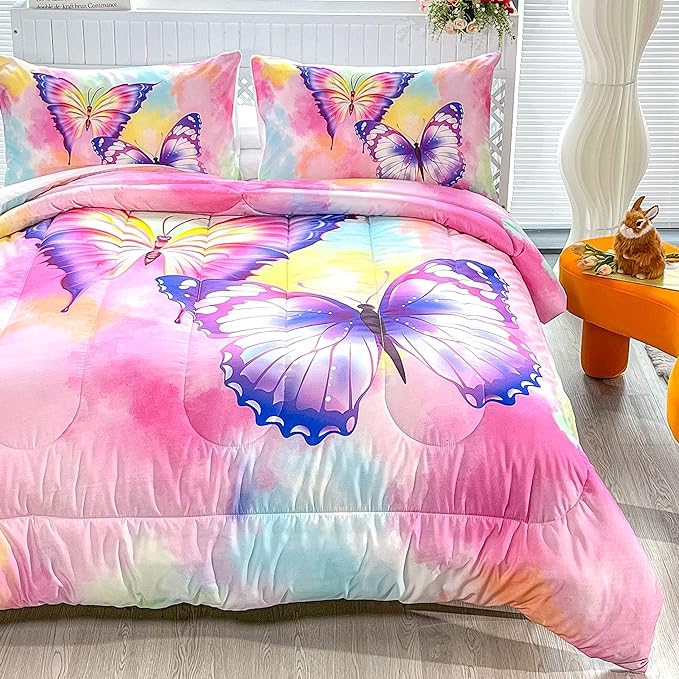CVHOUSE Butterfly Bedding Set,Butterfly Comforter Queen,Butterfly Comforter Set for Girls Kids Teens,Butterflies Quilt Set with 1 Comforter and 2 Pillow Cases - LeafyLoom