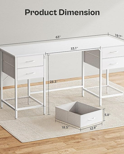 63 Inch Computer Desk with 4 Drawers, Office Desk with Mesh Shelf, Gaming Desk, Large Storage, Writing Desk Work Desk for Home Office, Study, Bedroom, Work from Home, White - LeafyLoom
