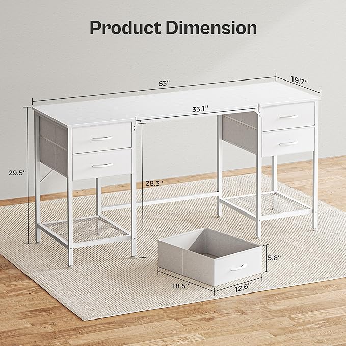 63 Inch Computer Desk with 4 Drawers, Office Desk with Mesh Shelf, Gaming Desk, Large Storage, Writing Desk Work Desk for Home Office, Study, Bedroom, Work from Home, White - LeafyLoom