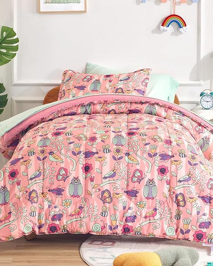 SLEEP ZONE Comforter Set Bed in A Bag, 7 Pieces Girls, Cattoon Pattern for Kids, Toddlers, Teens, Ultra Soft and Washable (Garden Secret,Full/Queen) - LeafyLoom