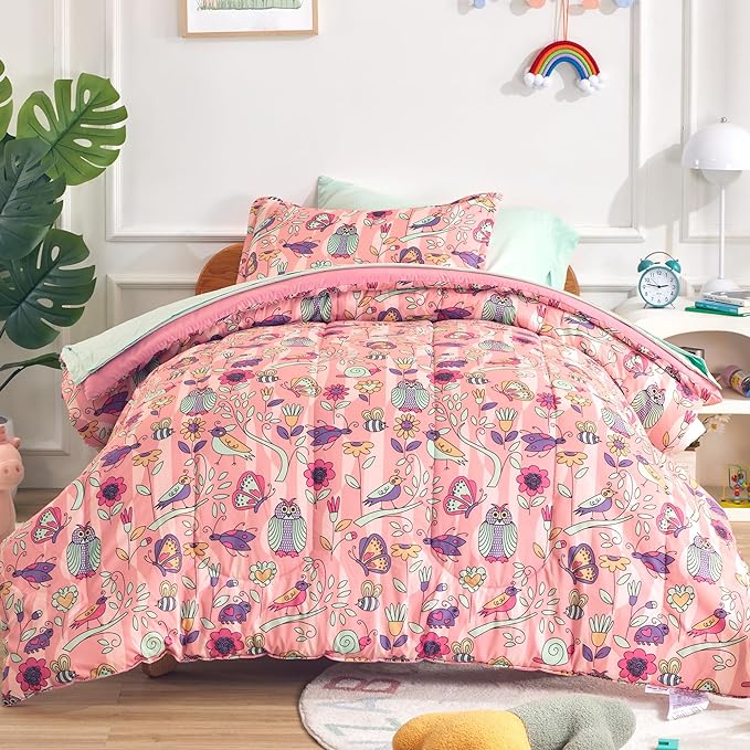 SLEEP ZONE Comforter Set Bed in A Bag, 7 Pieces Girls, Cattoon Pattern for Kids, Toddlers, Teens, Ultra Soft and Washable (Garden Secret,Full/Queen) - LeafyLoom