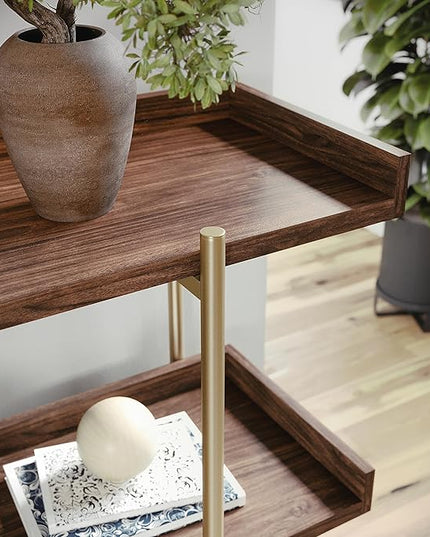 Martha Stewart Emmett 3 Shelf Bookcase with Vertical Metal Frame, Home Office Storage Display Unit, 35"H, Walnut Wood Grain/Polished Brass - LeafyLoom