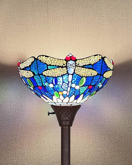 Capulina Tiffany Torchiere Floor Lamp Industrial Dark Bronze Pole Sea Blue Dragonfly Style Stained Glass Standing Light for Living Room Bedroom Home Office - LeafyLoom