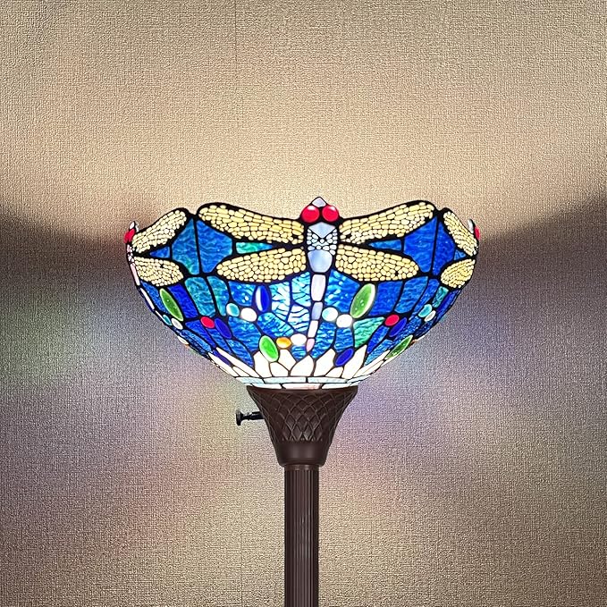 Capulina Tiffany Torchiere Floor Lamp Industrial Dark Bronze Pole Sea Blue Dragonfly Style Stained Glass Standing Light for Living Room Bedroom Home Office - LeafyLoom