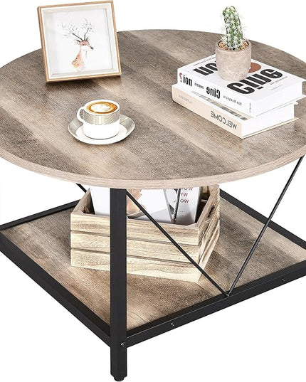 YITAHOME Round Coffee Table,Rustic Wood Coffee Tables for Living Room with Storage Shelf, Modern Farmhouse Circle Coffee Table Center with Sturdy Metal Legs Home Furniture, Grey Wash - LeafyLoom
