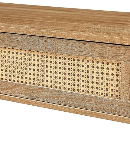 Rattan Coffee Table 40 Inch Mid Century Modern Coffee Table with Storage, Industrial Metal Rectangle Wood Center Table with Rattan Sliding Door for Living Room, Natural - LeafyLoom
