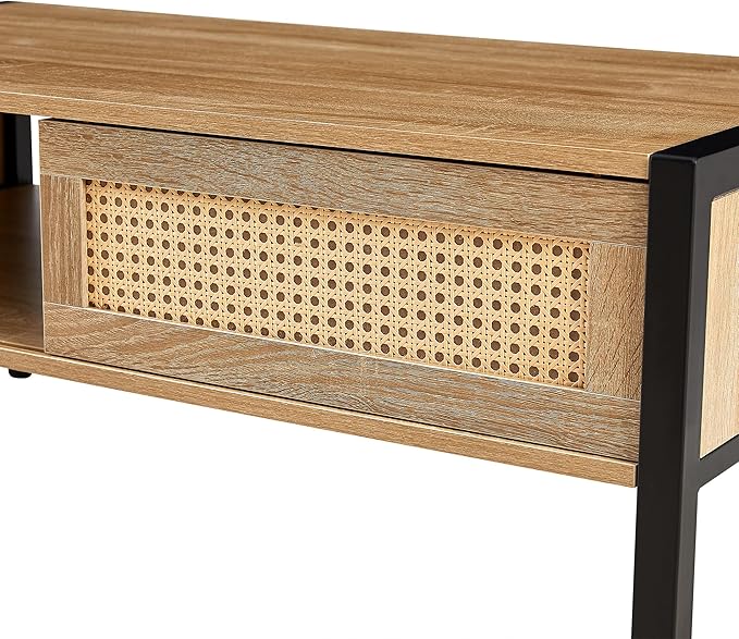 Rattan Coffee Table 40 Inch Mid Century Modern Coffee Table with Storage, Industrial Metal Rectangle Wood Center Table with Rattan Sliding Door for Living Room, Natural - LeafyLoom