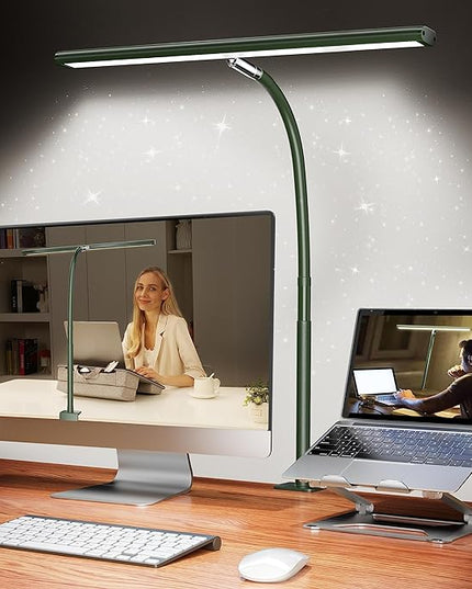 LED Desk Lamp for Office Home, Eye-Caring Desk Light with Stepless Dimming Adjustable Flexible Gooseneck, 10W USB Adapter Desk Lamp with Clamp for Reading, Study, Workbench (Green) - LeafyLoom
