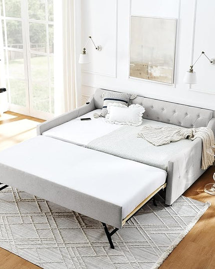 Full Size Upholstery modern linen Daybed, Trundle sofaBed,Armrest with USB charging end pull out Button Tufted Armrest side with pocket,for Bedroom Living Room - LeafyLoom