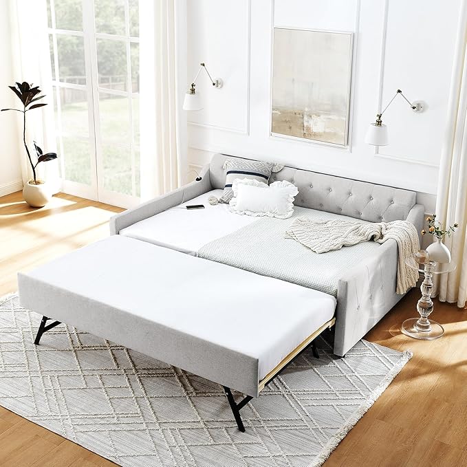 Full Size Upholstery modern linen Daybed, Trundle sofaBed,Armrest with USB charging end pull out Button Tufted Armrest side with pocket,for Bedroom Living Room - LeafyLoom