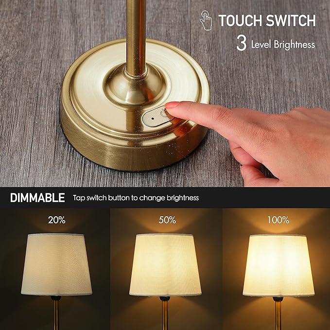 O’Bright Seraph - Cordless LED Table Lamp with Dimmer, Built-in Rechargeable Battery, 3-Level Brightness, Patio Table Lamp, Bedside Night Lamp, Ambient Light for Restaurant, Antique Brass - LeafyLoom
