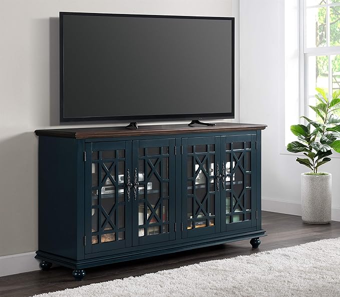 Martin Svensson Home Palisades TV Stand, 63" W x 35" H, Catalina Blue with Coffee Top - LeafyLoom