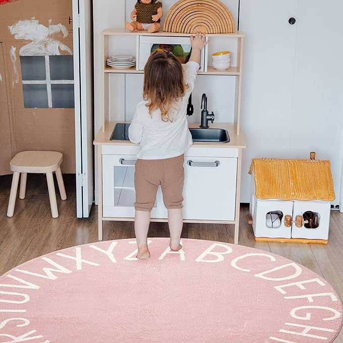 Topotdor Round Kids Play Rug Alphabet Nursery Area Rug Extra Large Soft Crawling Play Mat for Children Toddlers Bedroom (40 inch, Pink) - LeafyLoom