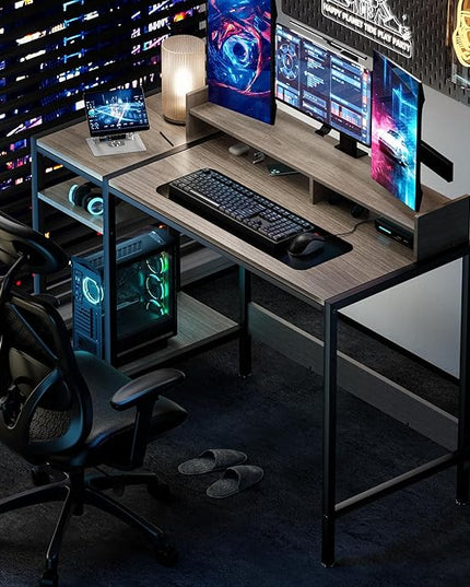 Computer Desk - 39 Inch Home Office Desk with Storage, Gaming Desk with Monitor Stand, Modern Simple Study Table, Adjustable Storage Space, Gray - LeafyLoom
