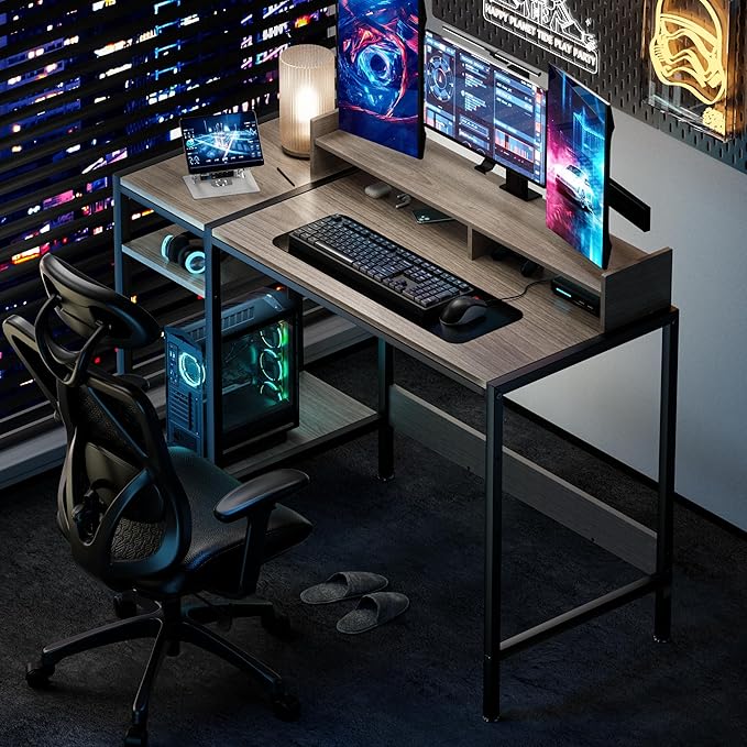 Computer Desk - 39 Inch Home Office Desk with Storage, Gaming Desk with Monitor Stand, Modern Simple Study Table, Adjustable Storage Space, Gray - LeafyLoom