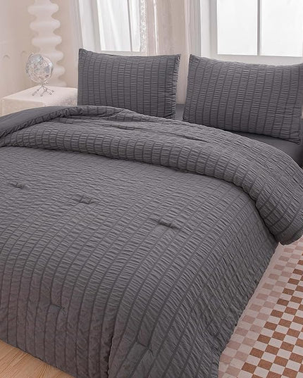 Grey Queen Size Comforter Sets for Boys Men Boho Dark Grey Seersucker Bedding Set 5 Pieces-Microfiber Lightweight All Season Comforter Set for Bedding(90x90In Comforter) - LeafyLoom