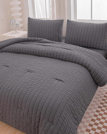 Grey Queen Size Comforter Sets for Boys Men Boho Dark Grey Seersucker Bedding Set 5 Pieces-Microfiber Lightweight All Season Comforter Set for Bedding(90x90In Comforter) - LeafyLoom