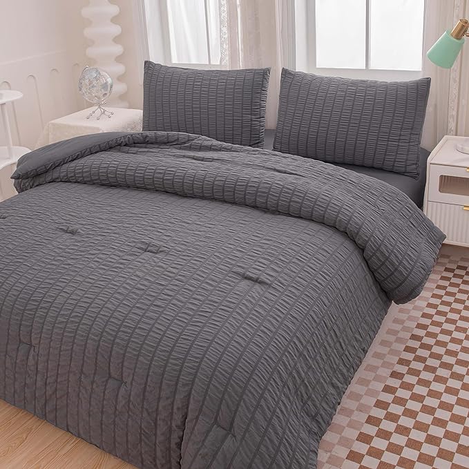 Grey Queen Size Comforter Sets for Boys Men Boho Dark Grey Seersucker Bedding Set 5 Pieces-Microfiber Lightweight All Season Comforter Set for Bedding(90x90In Comforter) - LeafyLoom