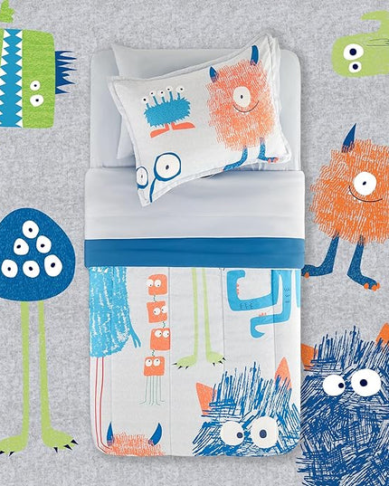 SLEEP ZONE Kids Bedding Comforter Set Full/Queen Size - Super Cute & Soft Kids Bedding 7 Pieces Set with Comforter, Sheet, Pillowcase & Sham (Monster) - LeafyLoom