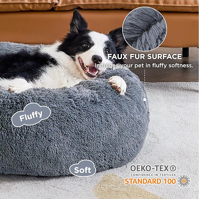Bedsure Calming Dog Bed for Large Dogs - Donut Washable Large Pet Bed, 36 inches Anti-Slip Round Fluffy Plush Faux Fur Dog Bed, Fits up to 100 lbs Pets, Dark Grey BEDSURE