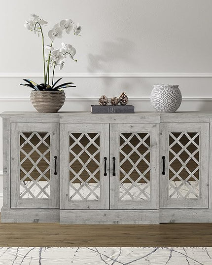 Galano Millicent Wide Sideboard Buffet Cabinet, Kitchen Storage Cabinet with Acrylic Mirror Doors, Cupboard Console Table, Rustic Farmhouse Buffet Display for Coffee Bar, Mexican Grey - LeafyLoom