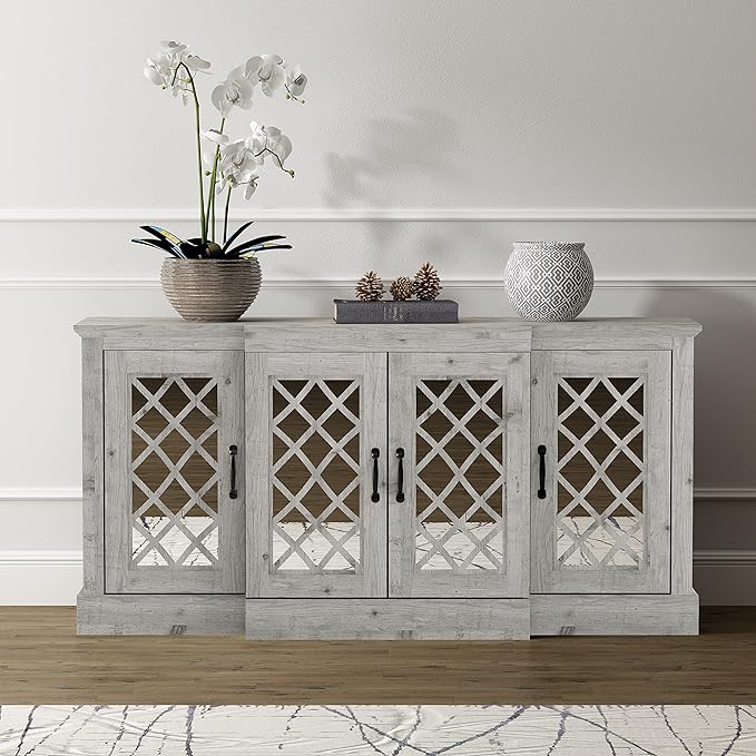 Galano Millicent Wide Sideboard Buffet Cabinet, Kitchen Storage Cabinet with Acrylic Mirror Doors, Cupboard Console Table, Rustic Farmhouse Buffet Display for Coffee Bar, Mexican Grey - LeafyLoom