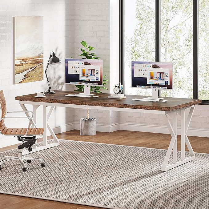 Tribesigns 78.7-Inch Executive Desk, Large Computer Office Desk Workstation, Modern Simple Style Laptop Desk Study Writing Table Business Furniture for Home Office (Rustic Brown/White, 78.7 Inch) - LeafyLoom