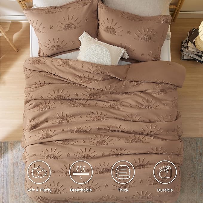 Bedsure Queen Size Comforter Set Taupe, Boho Tufted Bedding Comforter Set, Farmhouse Jacquard Solar Pattern Bed Set, 3 Pieces, 1 Shabby Chic Fluffy Comforter & 2 Pillow Shams - LeafyLoom