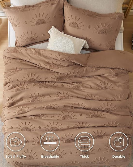 Bedsure King Size Comforter Set Taupe, Boho Tufted Bedding Comforter Set, Farmhouse Jacquard Solar Pattern Bed Set, 3 Pieces, 1 Shabby Chic Fluffy Comforter & 2 Pillow Shams - LeafyLoom