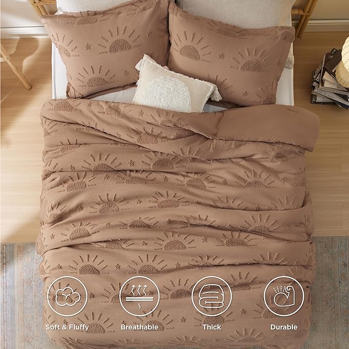 Bedsure Twin/Twin XL Size Comforter Set Taupe, Boho Tufted Bedding Comforter Set, Farmhouse Jacquard Solar Pattern Bed Set, 2 Pieces, 1 Shabby Chic Fluffy Comforter & 1 Pillow Sham - LeafyLoom