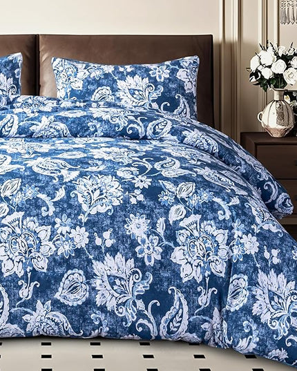 Sophia & William Queen Size Comforter Set for All Season, 3 Pcs Bedding Set with Antique Blue Printed Comforter with & 2 Pillowcases - LeafyLoom