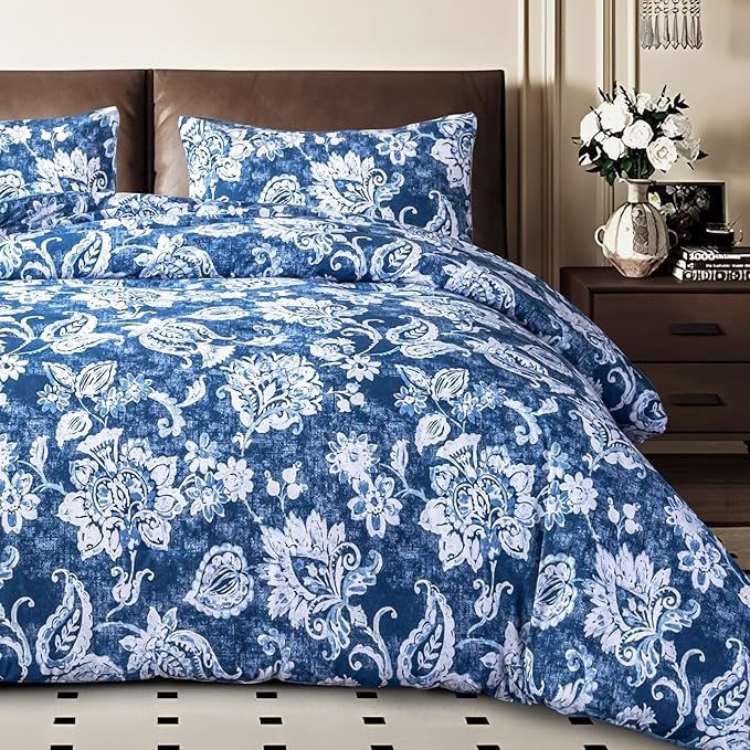 Sophia & William Queen Size Comforter Set for All Season, 3 Pcs Bedding Set with Antique Blue Printed Comforter with & 2 Pillowcases - LeafyLoom