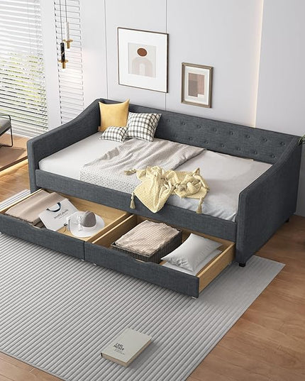 Twin Size Upholstered Daybed with 2 Drawers,Wood Sofa Bed Frame W/Button Tufted Backrest and Waved Shape Arms,Slats Support,Linen Fabric Day Bed,for Bedroom,Living Room,Apartment,Dark Gray - LeafyLoom
