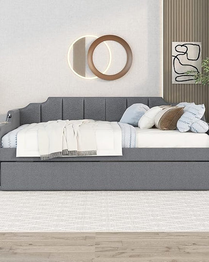 Full Size Daybed Frame with Pop up Trundle,Upholstered Day Bed with Charging Station,Daybed with Trundle Bed Full,Wood Sofa Bed Frame with USB for Bedroom, Living Room,Guest,Office,Full,Gray - LeafyLoom