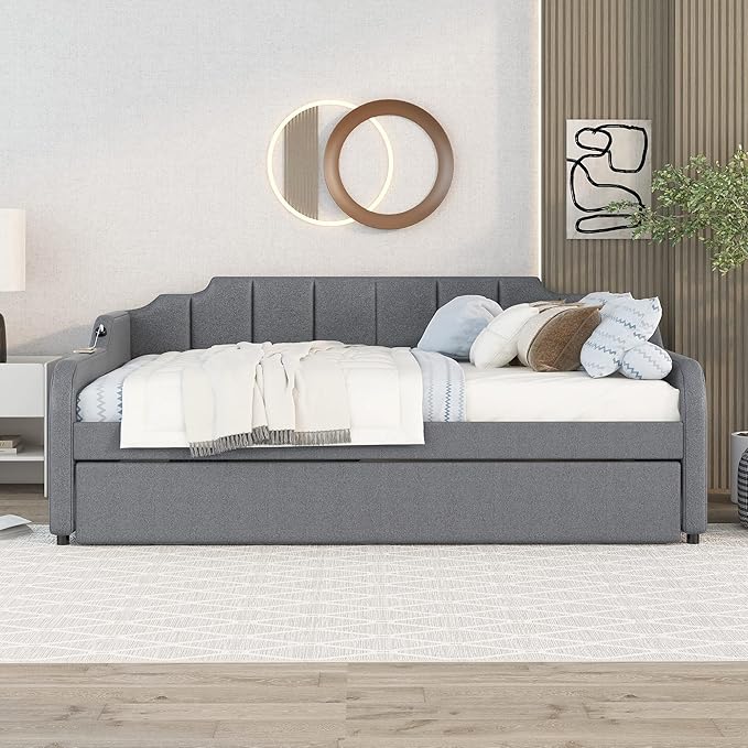 Full Size Daybed Frame with Pop up Trundle,Upholstered Day Bed with Charging Station,Daybed with Trundle Bed Full,Wood Sofa Bed Frame with USB for Bedroom, Living Room,Guest,Office,Full,Gray - LeafyLoom