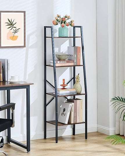 Hoctieon Ladder Shelf Bookcase, 4-Tier Industrial Tall Ladder Bookshelf with Metal Frame for Living Room, Kitchen, Home Office, Bedroom, Rustic Brown - LeafyLoom